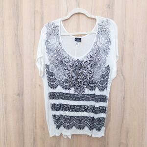 Y2K Daytrip Womens Beaded Top Size L White Black Short Sleeve Boho Grunge Casual